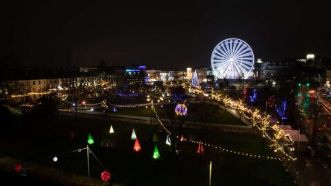 Night view of a city park with festive lights and a large lit Ferris wheel, offering a vibrant and magical experience.