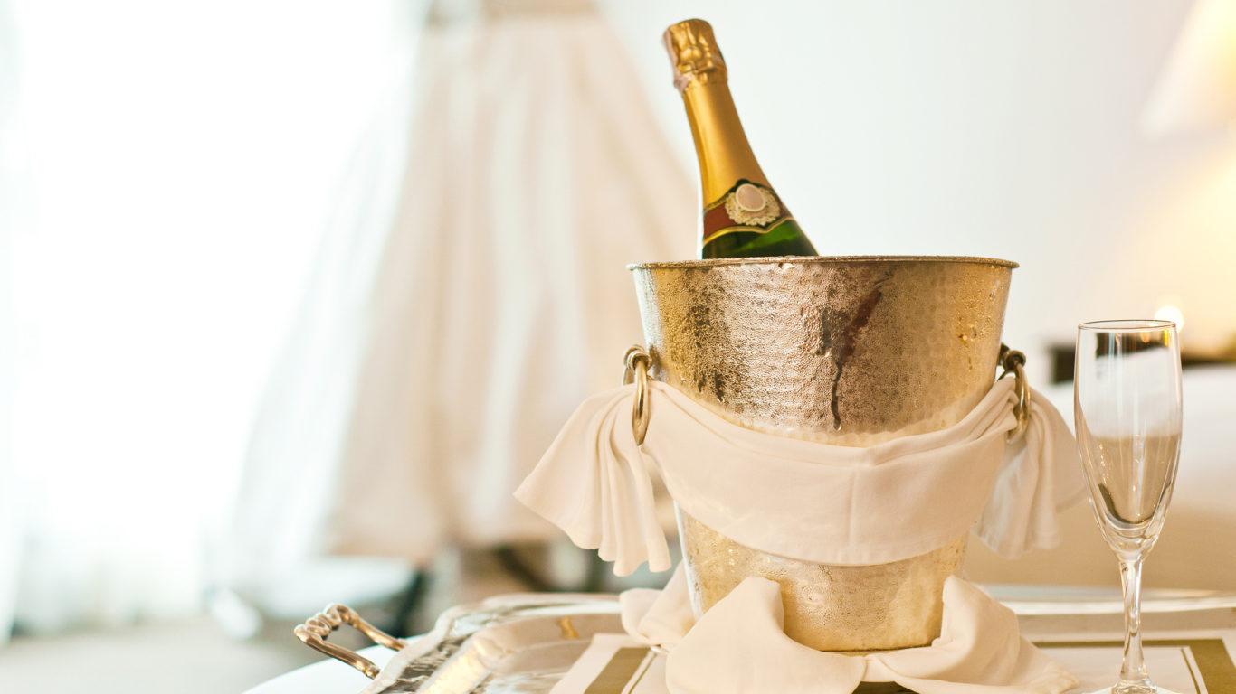 Wedding:,Champagne,Bottle,And,Wedding,Dress