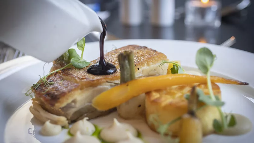 Gourmet dish with roast chicken, carrots, and artful sauce drizzle, perfect for fine dining at our luxury hotel restaurant.