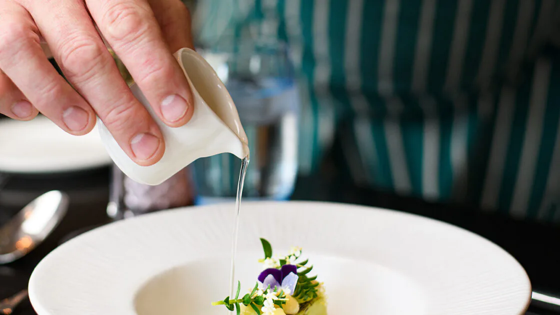 Elegant dish served with sauce at the hotel's fine dining restaurant featuring fresh ingredients and exquisite presentation.