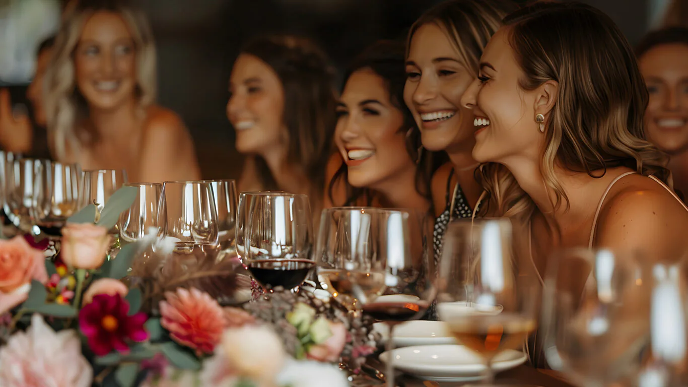Guests enjoying a vibrant dinner party in elegant hotel setting, surrounded by floral d&eacute;cor and fine wines.
