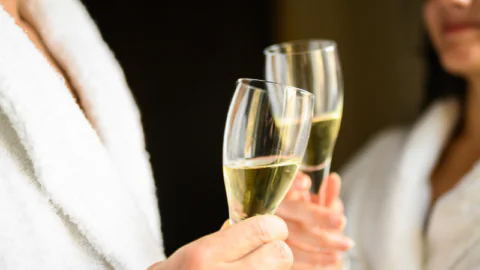 Guests in robes toast with champagne, enjoying relaxing hotel stay. Luxurious experience in comfortable room.