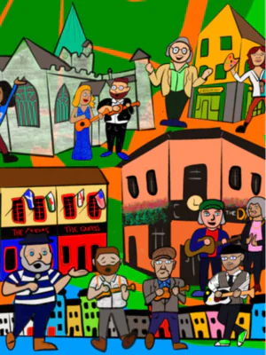 Colourful mural depicting lively street musicians, vibrant buildings, and cheerful people enjoying a festive atmosphere.
