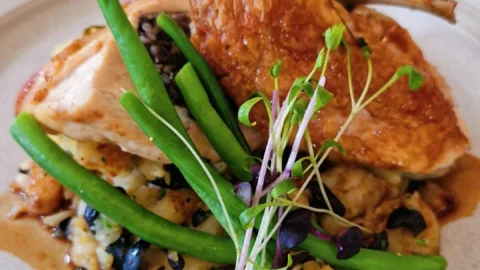 A plated dish featuring roasted poultry served over sautéed vegetables and potatoes, garnished with green beans and microgreens.