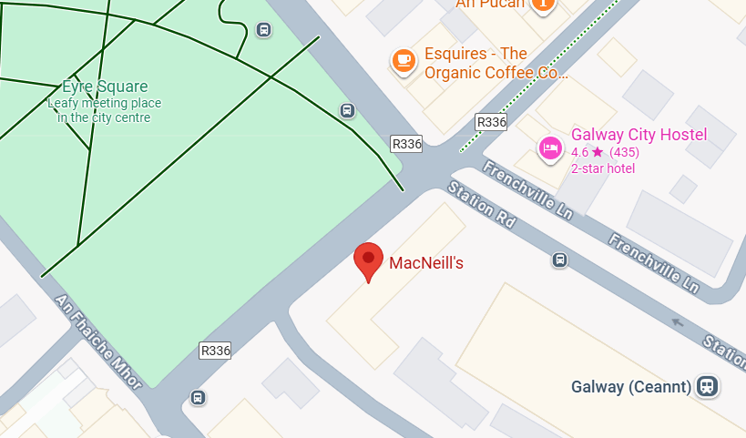 Map showing the location of MacNeill’s near Eyre Square in Galway, with nearby landmarks including Galway City Hostel and Esquires—The Organic Coffee Co.
