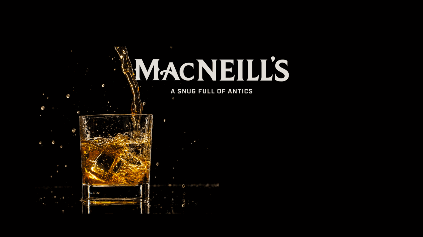 A drink is being poured into a glass with ice, next to the text 