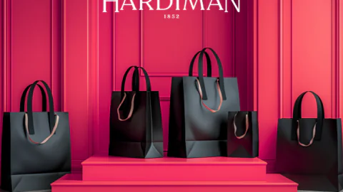 Five black shopping bags of various sizes are displayed on bright pink steps in front of a pink wall, with 